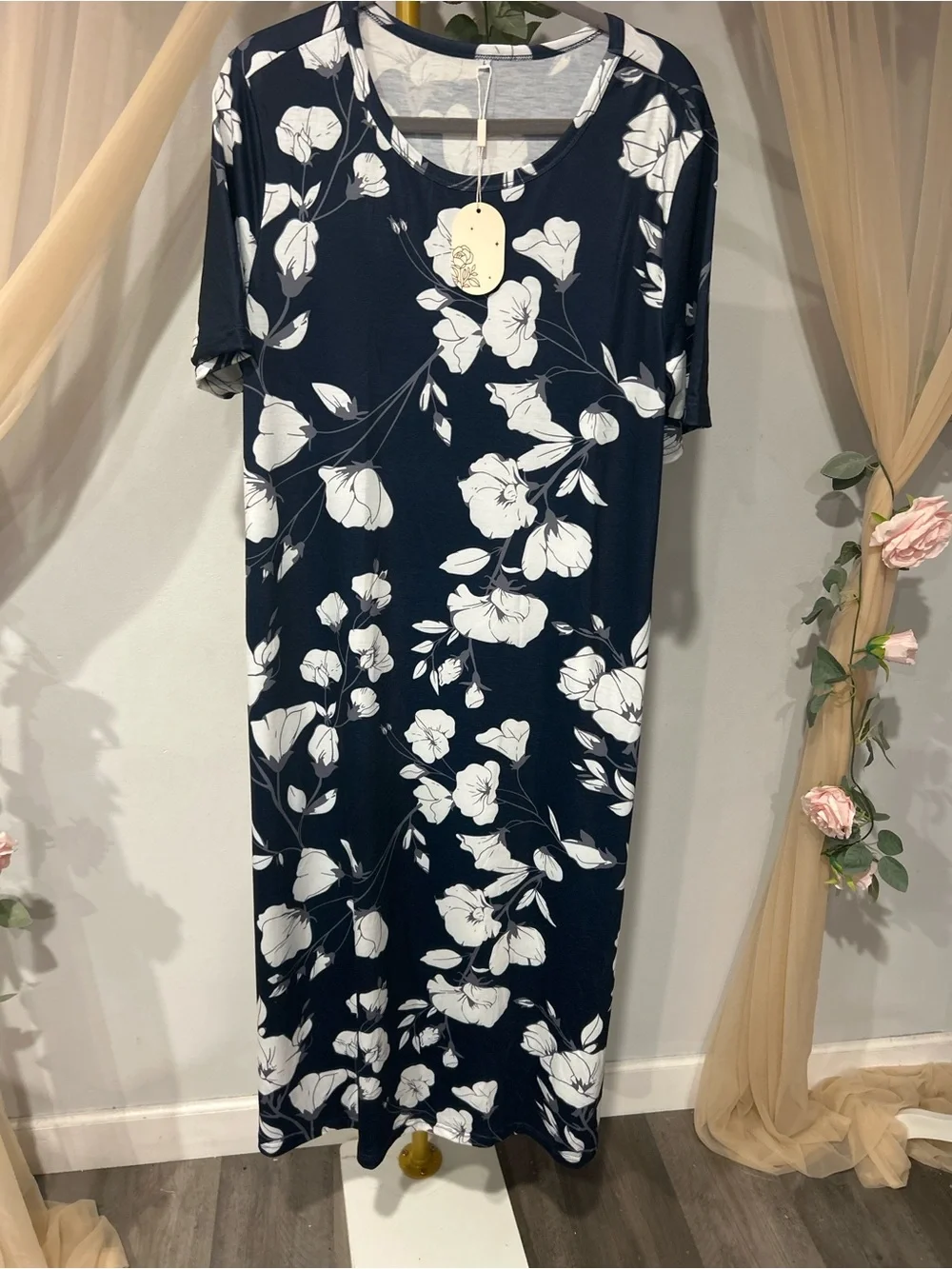 NWT Zeagoo Navy White Floral Maxi Dress Pockets Side Slit Stretch Large - Picture 3 of 6